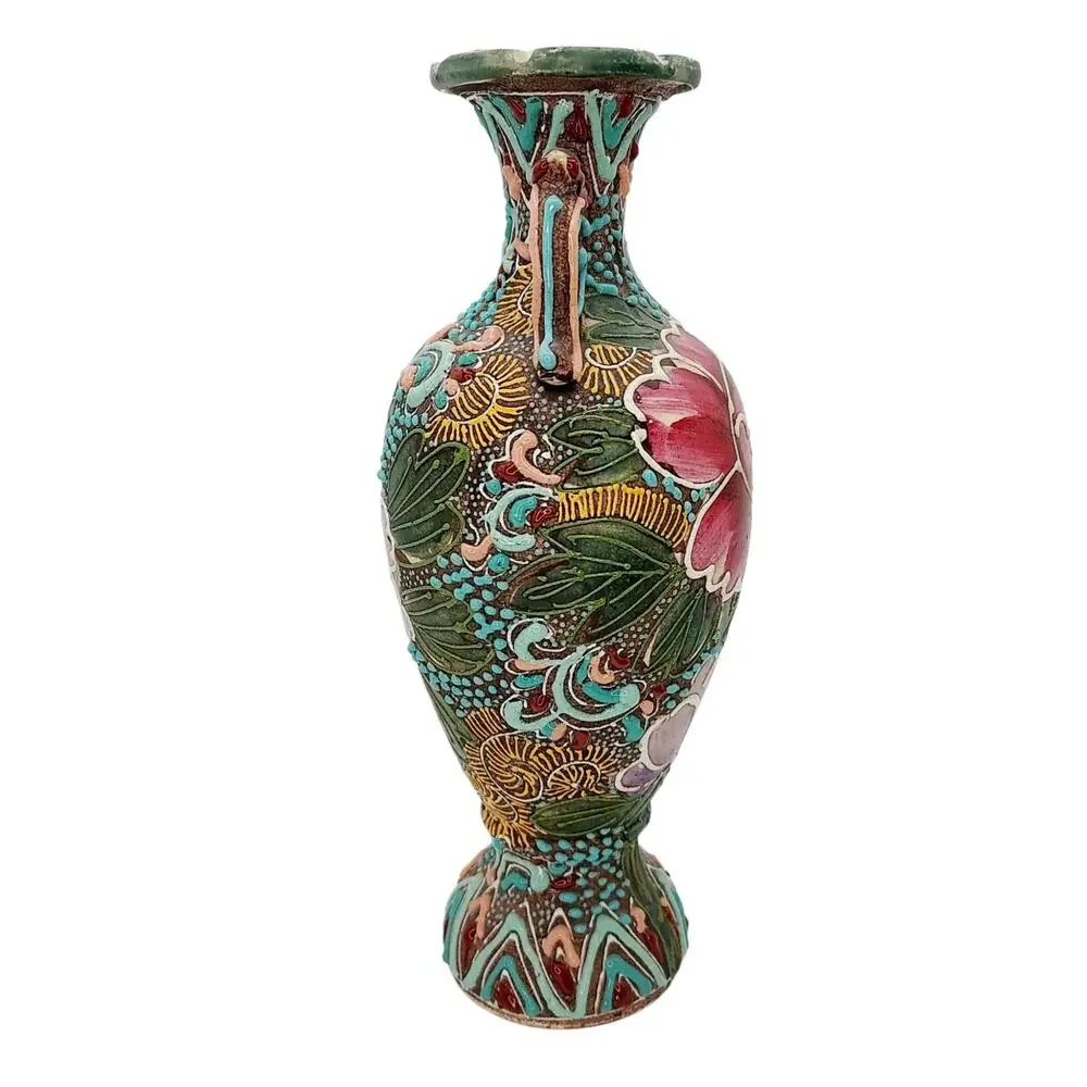 Antique Japanese Satsuma Earthenware Vase Urn Heavy Moriage  Hand Painted Floral